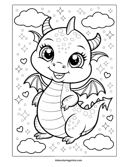 A Kawaii Cute Dragon Coloring Page With A Small, Adorable Dragon And Hearts Floating In A Dreamy Sky.