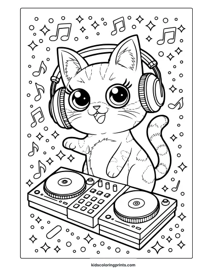 Kawaii Dj Cat Coloring Page Featuring A Cat With Headphones At A Dj Mixer, Surrounded By Stars And Musical Notes For A Fun Vibe.