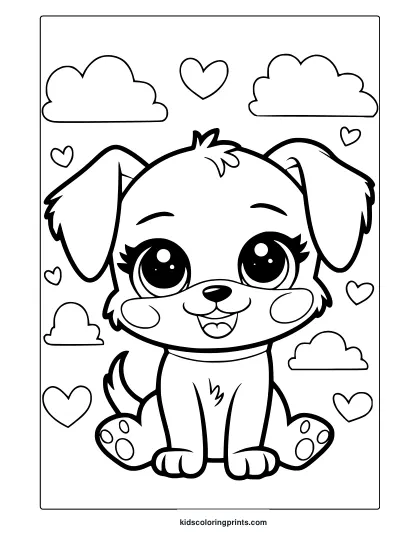 Kawaii Dog Coloring Page Featuring A Cute Puppy With Floppy Ears, Sitting Among Clouds And Hearts For An Adorable Coloring Experience.