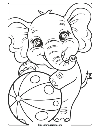 Coloring Page Of An Elephant Holding A Polka-Dotted Ball.