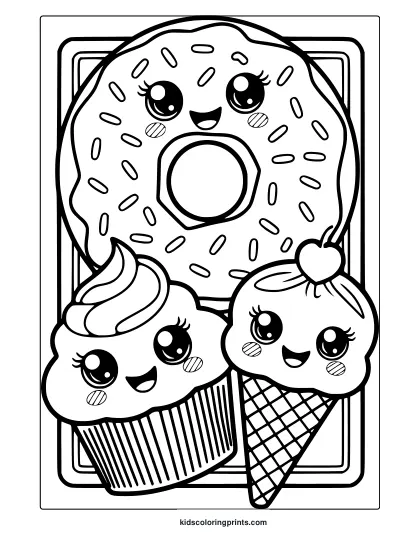 Kawaii Food Coloring Page With A Donut, Cupcake, And Ice Cream Cone, Each With Cute Faces, Perfect For A Fun Coloring Activity.