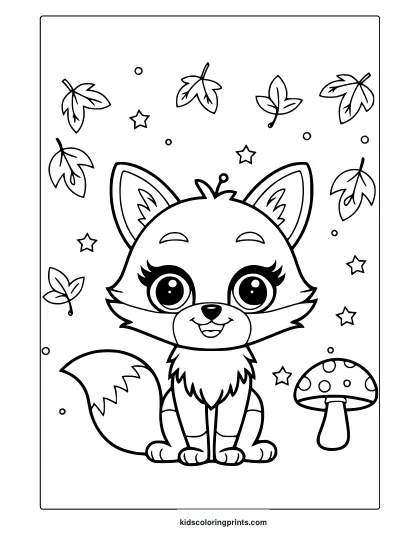 Kawaii Fox Coloring Page Featuring A Cute Fox With Big Eyes, Surrounded By Falling Leaves, Stars, And A Mushroom For A Whimsical Touch.