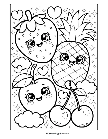 Kawaii Fruits Coloring Page Featuring Smiling Strawberry, Pineapple, And Apple With Cute Faces, Perfect For A Fun And Fruity Coloring Session.