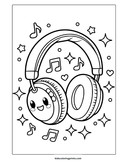Kawaii Headphones Coloring Page Featuring Smiling Headphones With Music Notes And Stars, Perfect For A Fun And Musical Coloring Activity.