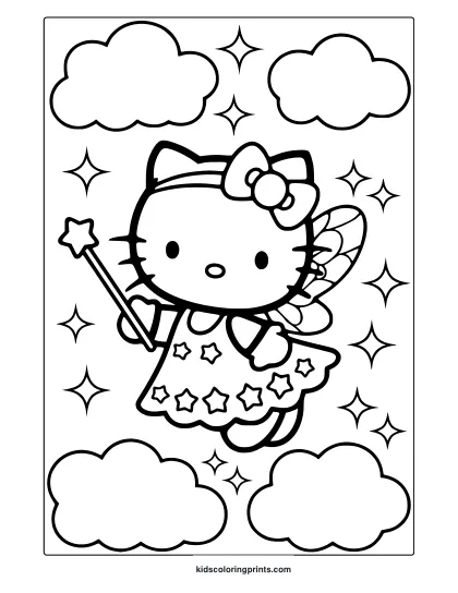 Kawaii Hello Kitty Coloring Page Featuring A Winged Cat Holding A Magic Wand, Floating Among Clouds And Stars For A Charming Touch.
