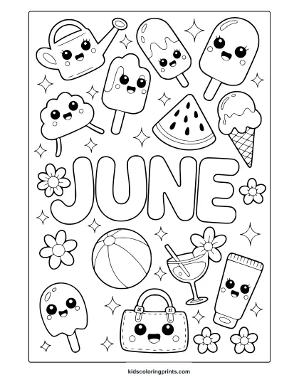 Coloring Page With Kawaii Popsicles, Watermelon, Sunscreen, And &Quot;June&Quot; Text In A Cute Style.