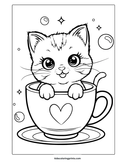 Cute Kawaii Kitten Coloring Page Featuring A Kitten In A Teacup, Surrounded By Bubbles And Stars For An Adorable Coloring Experience.