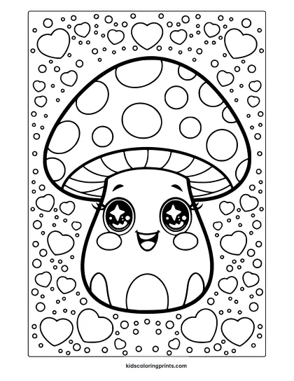 Cartoon Mushroom With Hearts And Sparkly Eyes Featured In This Adorable Kawaii Mushroom Coloring Page.