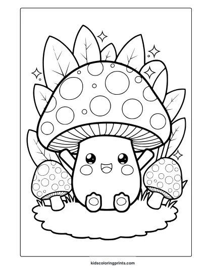 Kawaii Mushroom Coloring Page Featuring A Happy Mushroom Character With Big Eyes, Surrounded By Smaller Mushrooms And Plants For A Cute Look.