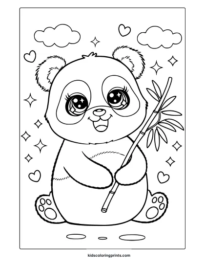 Kawaii Panda Coloring Page Featuring A Cute Panda With Bamboo, Sitting Among Clouds And Stars For A Relaxing Coloring Activity.