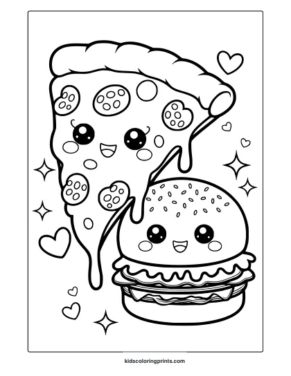 Kawaii Pizza And Hamburger Coloring Page Featuring A Smiling Pizza Slice And A Happy Burger, Decorated With Hearts And Sparkles.