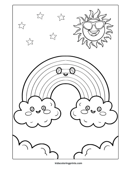 Kawaii Rainbow Coloring Page With Smiling Sun, Fluffy Clouds, And Cute Stars.