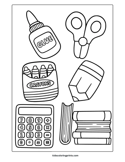 Coloring Page With Kawaii School Tools Like Glue, Crayons, Books, And Calculator.
