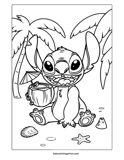 Kawaii Stitch Coloring Page Featuring Cute Sitting Pose With Background Of Simple Flowers And Various Star Designs.
