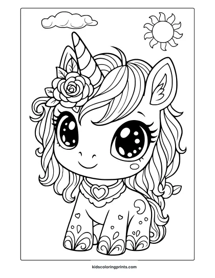 Kawaii Unicorn With Rose-Decorated Horn And Heart Necklace In A Simple Sunny Coloring Page.