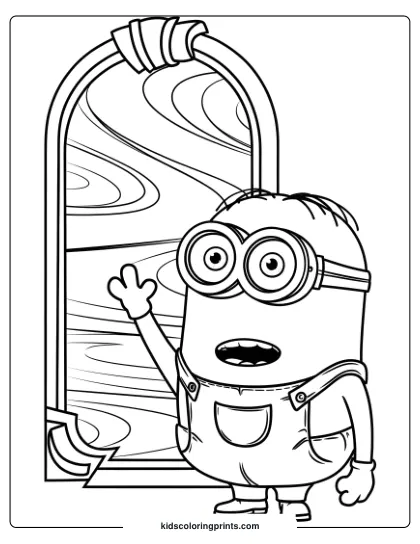 A Creative Minion Coloring Page With Kevin Beside A Magical Portal, Waving And Smiling.
