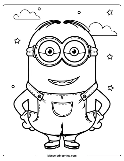 A Minion Coloring Page Showcasing Kevin Smiling Happily Under A Clear Sky With Stars And Clouds.