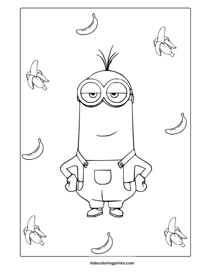Coloring Page With Kevin The Minion In A Confident Stance, Surrounded By Bananas In A Fun Coloring Page Design.