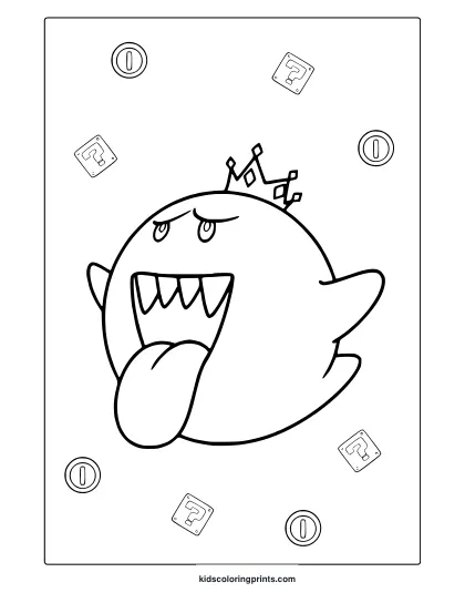 Coloring Page Featuring King Boo With Floating Coins And Question Icons Around Him.