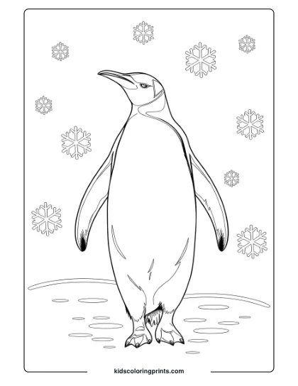 A King Penguin Walking Through Snowflakes, A Beautiful And Serene Winter-Themed Penguin Coloring Page.