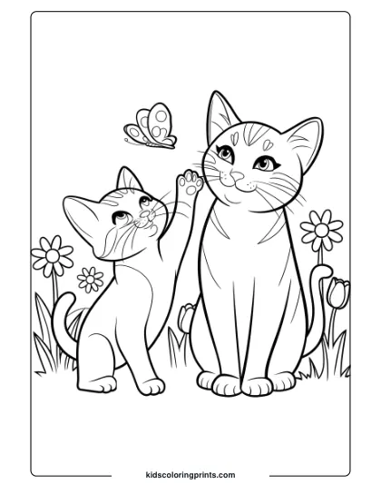 Two Kittens In A Flower Garden With Butterflies, A Joyful And Playful Coloring Page Scene.