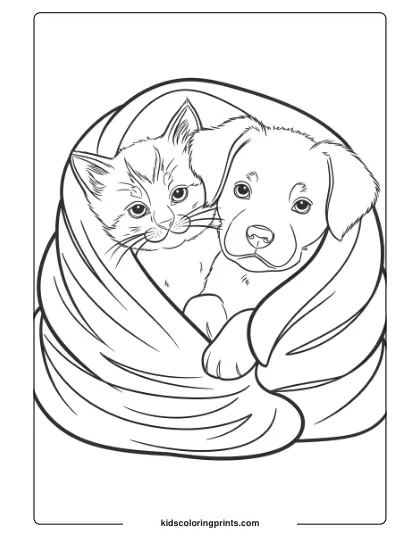 A Kitten And Puppy Cuddling Under A Cozy Blanket, Showcasing Warmth And Friendship In This Coloring Page.