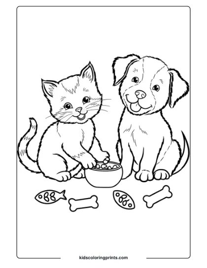 A Kitten And Puppy With Shared Treats, Capturing Friendship In This Adorable Coloring Page.