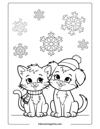 A Kitten With A Scarf And A Puppy In A Hat With Snowflakes, Perfect For A Winter-Themed Coloring Page.
