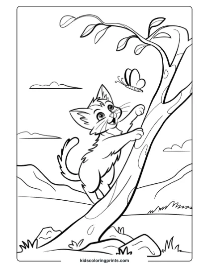 A Playful Kitten Climbing A Tree To Catch A Butterfly, With A Scenic Background.