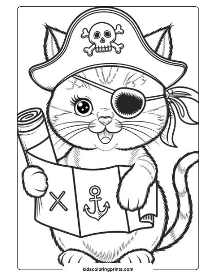 A Pirate Kitten With A Map, Wearing A Tricorn Hat And Eye Patch, Perfect For A Pirate-Themed Coloring Page.