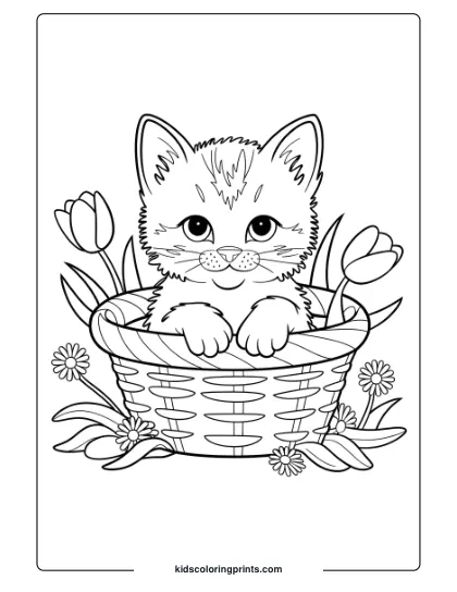 A Kitten Peeking From A Basket With Tulips And Daisies, Ideal For A Cheerful Spring-Themed Coloring Page.