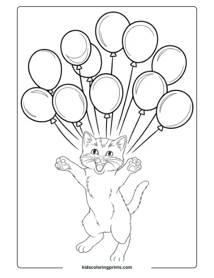 A Playful Kitten Floating With A Bunch Of Balloons, Creating A Cheerful And Lively Coloring Page Scene.