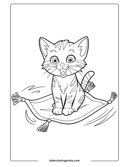 A Kitten On A Flying Carpet, Perfect For A Magical Adventure-Themed Coloring Page.