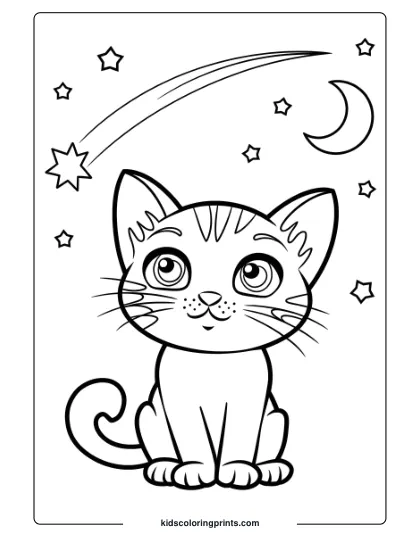 A Kitten Watching A Shooting Star With Stars And A Crescent Moon, Creating A Whimsical Nighttime Coloring Page.