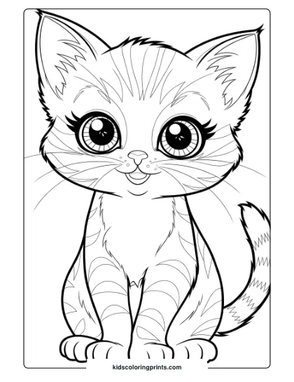 A Cute Anime-Style Kitten With Big, Detailed Eyes, Ideal For Fans Of Expressive Coloring Pages.