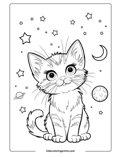 A Space-Themed Kitten Surrounded By Stars And A Crescent Moon, Creating An Enchanting Galaxy Coloring Page.