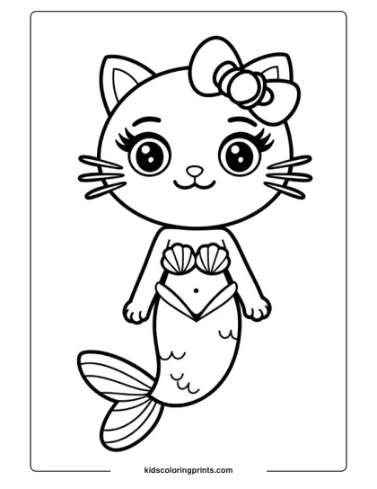 Cat Mermaid Standing With A Bow And A Curled Tail In This Cute Black And White Coloring Page.