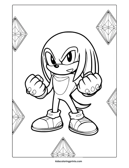 Coloring Page With Knuckles In Action Pose With Diamond-Shaped Background.