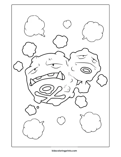 Koffing Faces In A Bubbly Cloud With Bold Outlines On A Fun Pokémon Coloring Page.