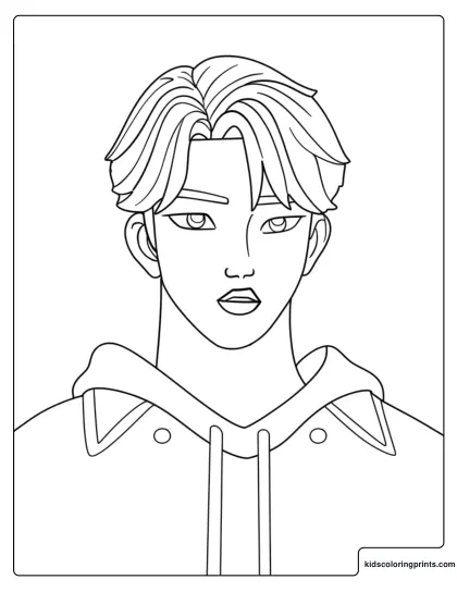 Jinu Hoodie Portrait Coloring Page With Calm Expression And Center Part Hair