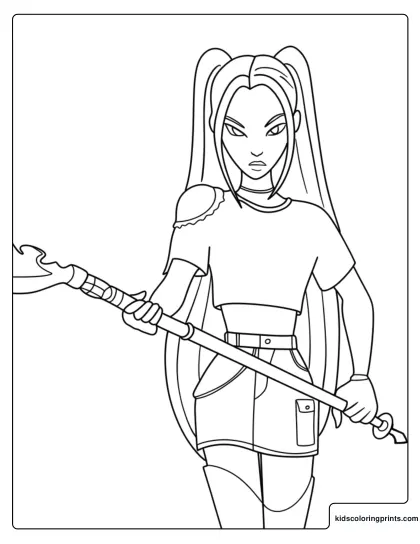 Mira Full Body Action Coloring Page Holding A Staff With A Flame Tip