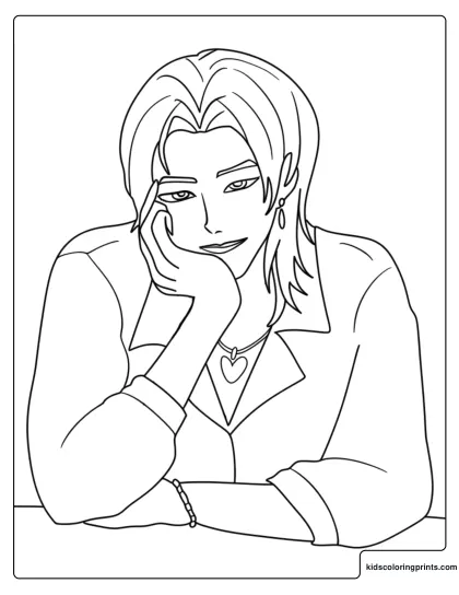 Romance Smirking Portrait Coloring Page Leaning On One Hand With Heart Necklace