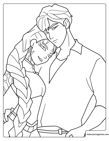 Rumi And Jinu Couple Coloring Page With Rumi Resting Her Head On Jinu’s Shoulder
