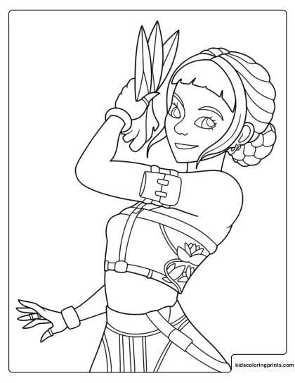 Zoey Playful Pose Coloring Page With Short Bangs And A Scissor Like Weapon Raised