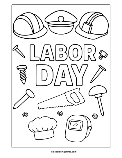 Labor Day Coloring Page Featuring Tools, Hard Hats, And Professional Gear In Black And White Line Art.