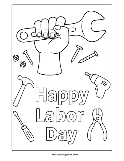 Labor Day Equipments Coloring Page With Wrench, Hammer, Drill, And Pliers In Simple Black And White Art.