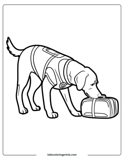 Labrador K-9 Dog Sniffing Luggage While Wearing A Harness In A Dog Coloring Page.