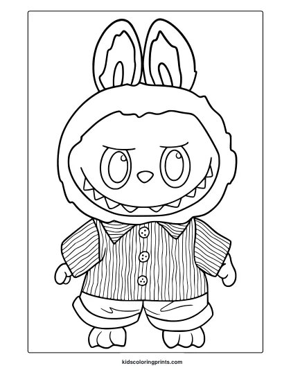 Labubu In Striped Shirt And Pants With Bunny Mask And Sharp Smile In A Cute Coloring Page.