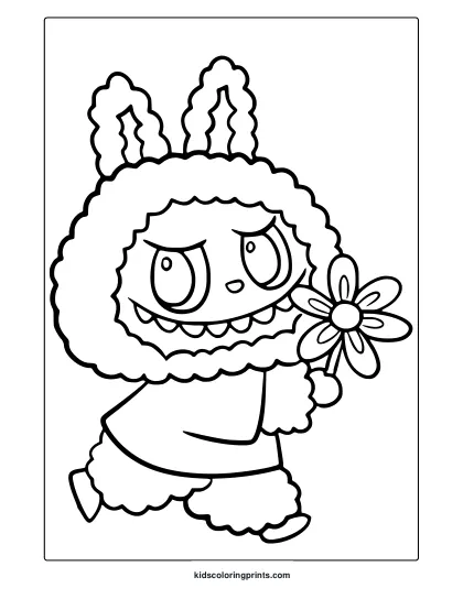 Labubu Holding A Daisy Flower With A Mischievous Look In This Playful Cartoon Coloring Page.