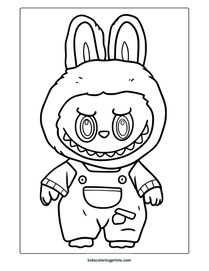 Labubu In Overalls With Wide Smile And Large Bunny Ears In A Child Friendly Coloring Page.